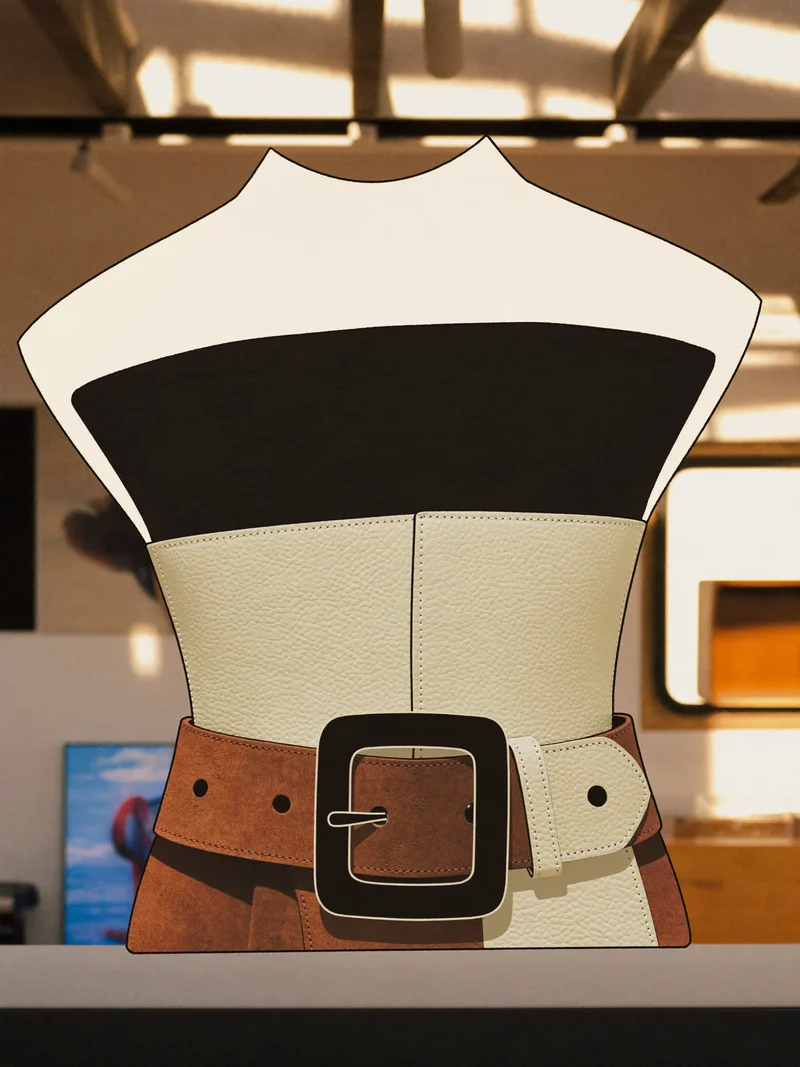 Studio illustrativo di un accessorio moda color-block dalle superfici materiche.